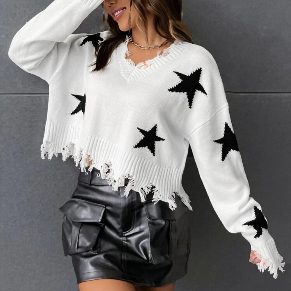 White Black Distressed Star Sweater S M L